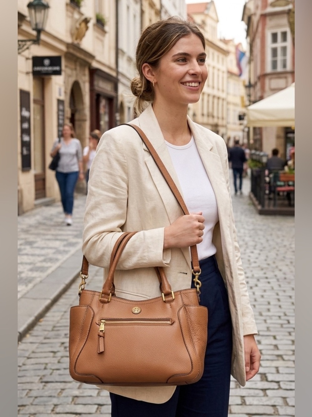 Tory Burch Robinson Double Zip Tan Pebbled Leather Satchel with Gold Hardware